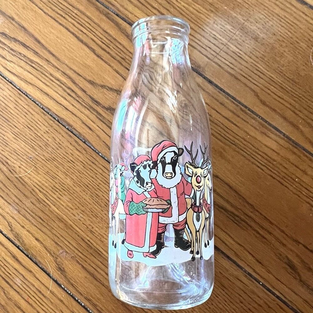 Christmas 9.5" Milk Bottle w/Rudolf & Cows in Santa Suits Pies Sunglasses Funny
